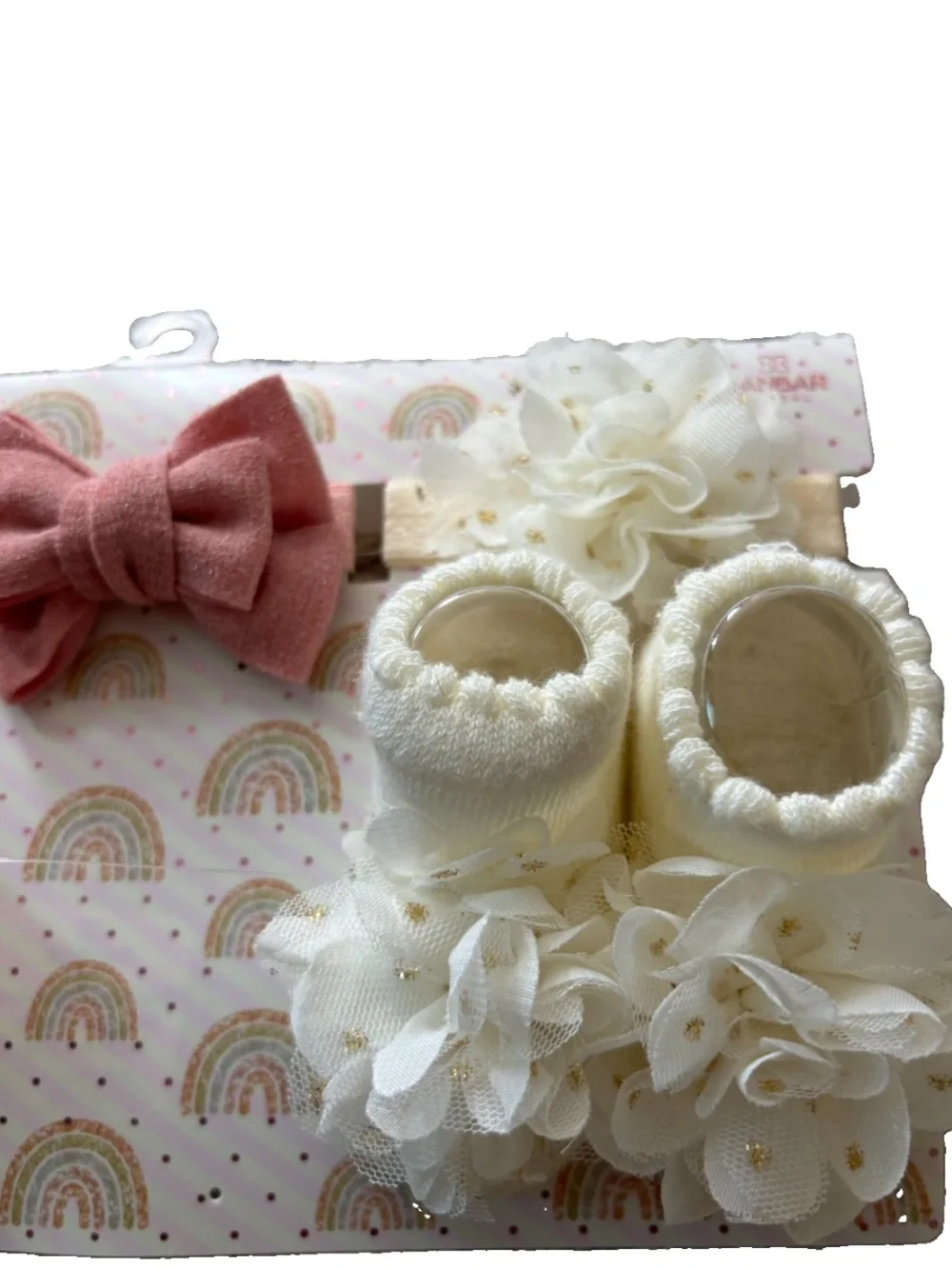 Baby Girls Pink and Cream Flower Booties & Bow Headband Set
